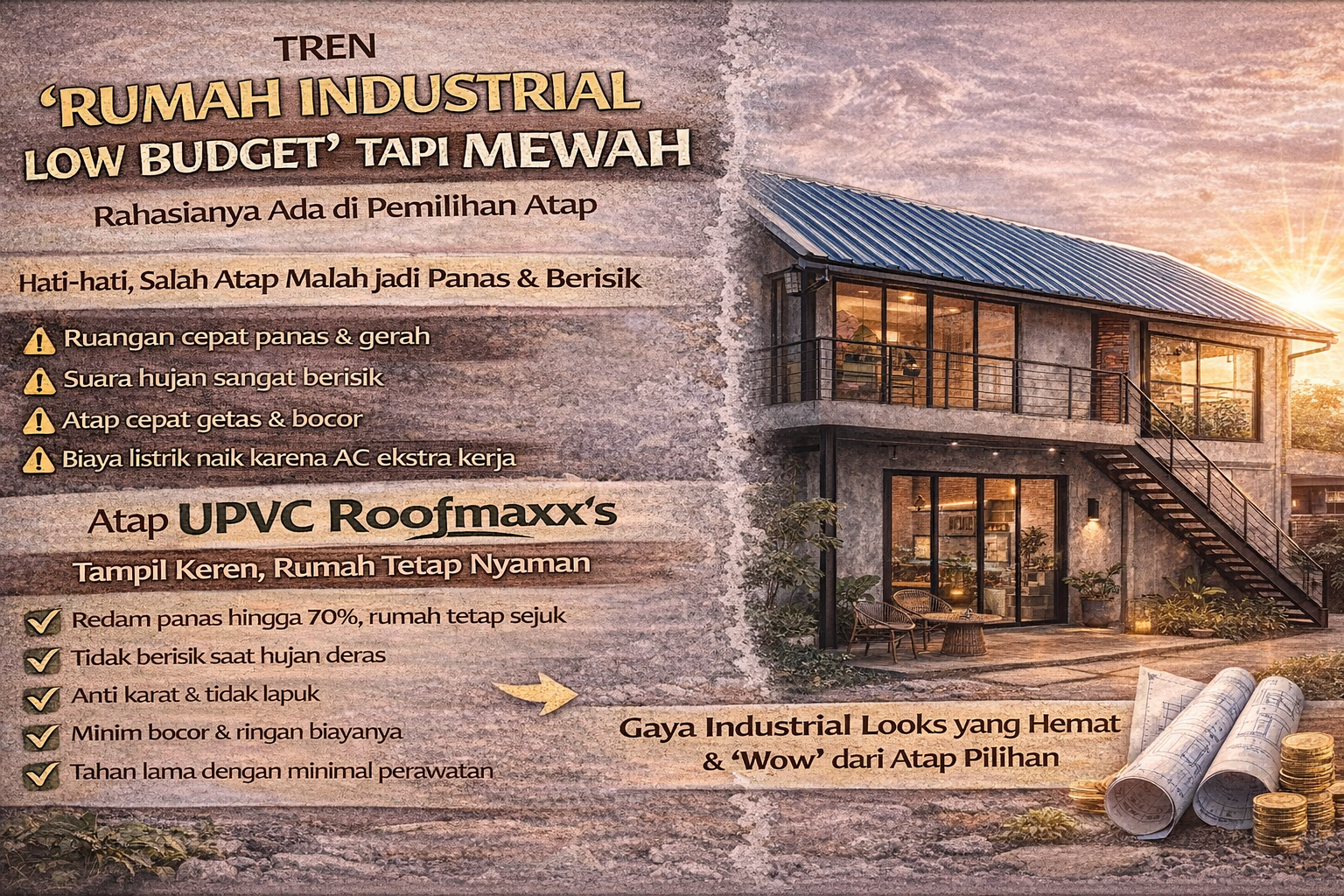 Tren “Rumah Industrial Low Budget” tapi Mewah – Rahasianya Ada di Pemilihan Atap